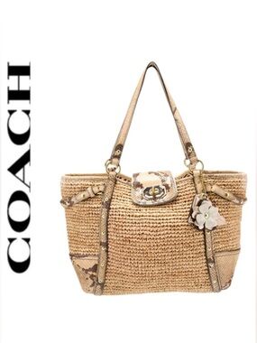 COACH Natalie Weekender Straw Leather Python Turn Lock Tote Bag 16839 $398